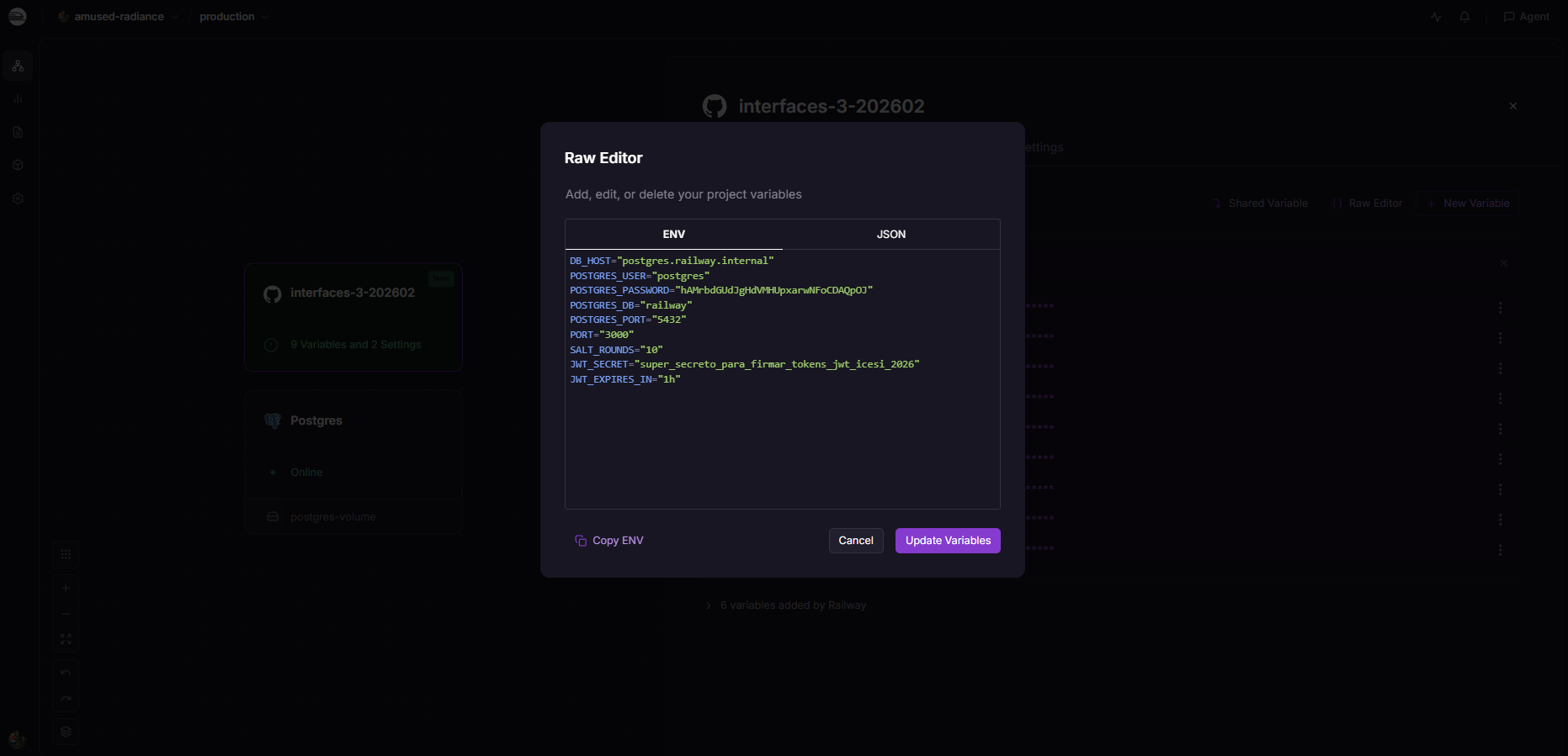 Editor Raw de Variables en Railway