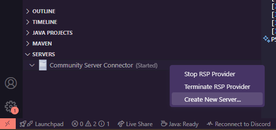 Creating a new server in VS Code